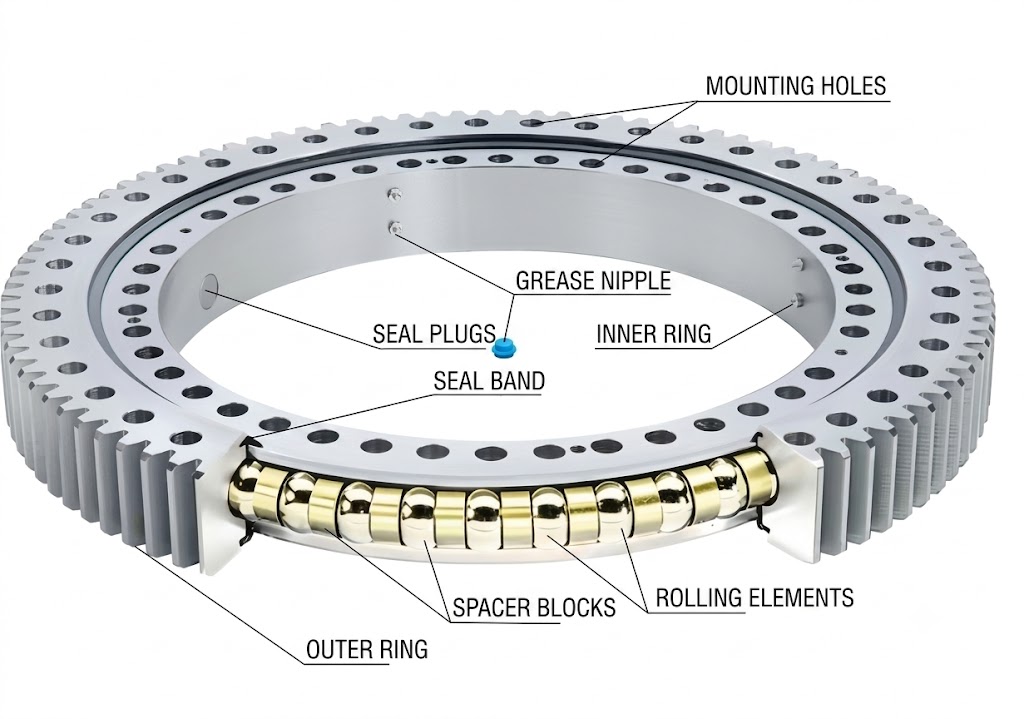 Slewing bearing cross-section diagram showing inner ring, outer ring, rolling elements, and gear teeth Slewing bearing cross-section diagram showing inner ring, outer ring, rolling elements, and gear teeth